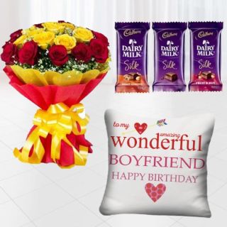 Bunch of 20 red and yellow roses , photo cushion with set of 3 dairy  milk silk chocolates 