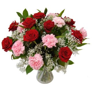 15 red roses with 10 pink carnations arranged in vase
