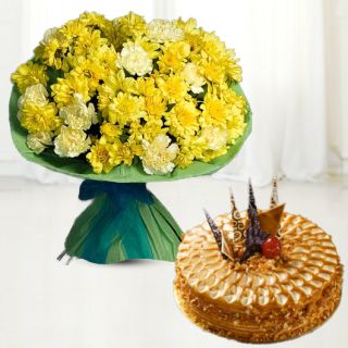 Bunch of 40 carnations and daisies with butterscotch premium quality cool cake  