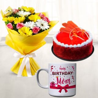 Bouquet of mix flowers, half kg red velvet premium quality cake  with photo mug  