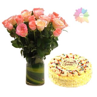 12 baby pink roses arranged in glass vase  with 1 pound caramel cake