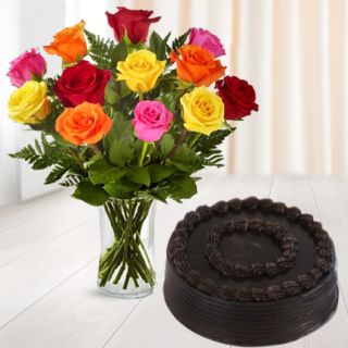 12 mix roses in glass vase with chocolate cake 