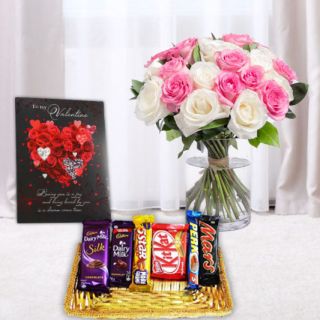 12 pink and whitte roses in glass vase , basket of mix assorted chocolates, Greeting card 