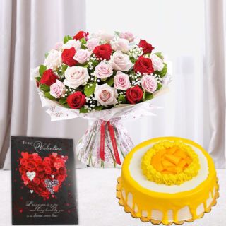 12 red and pink roses , half kg mango premium quality cake, Greeting card 