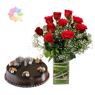 12 red roses arranged in glass vase with 1 pound chocolate truffle cake