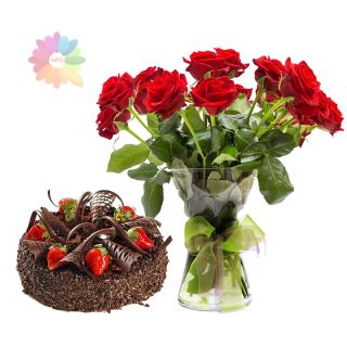 12 red roses arranged in glass vase with half kg chocolate delight fresh cream cake 