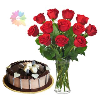 12 red roses arranged in glass vase with 1 kg chocolate cake