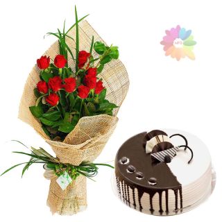 12 red roses with 1 kg choco vanilla cake