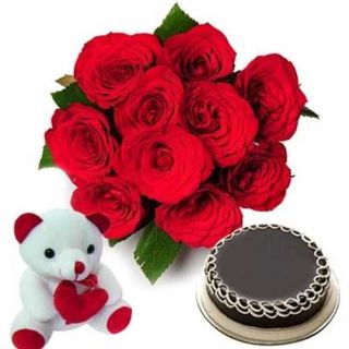 12 Red Roses with 6 inch teddy with 1 pound chocolate fantasy