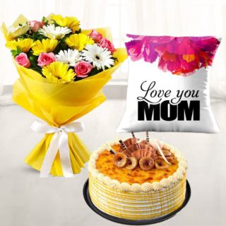 Bouquet of 12 mix flowers, half kg honey cake with photo cushion 