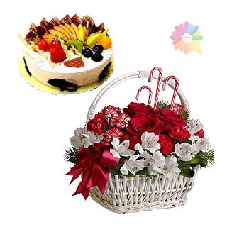 Basket of red roses with white daisies with  half kg mix fruit cake