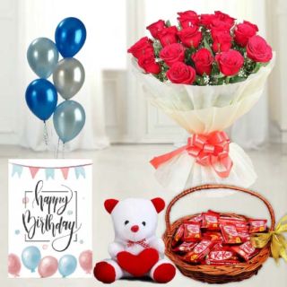 Bunch of 12 red roses, basket of 30 kitkat chocolates, 6 inch white teddybear,birthday  Greeting card with 5 blown balloons 