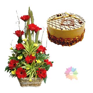 Basket of red gerberas with yellow daisies with half kg butterscotch cake