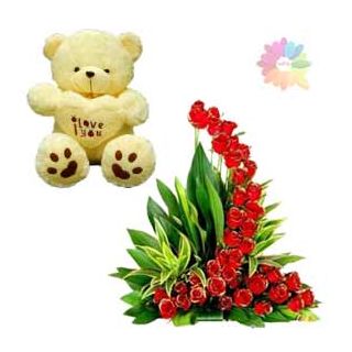 Beautiful L shape exotic arrangement of red roses with 1 feet height teddy bear 