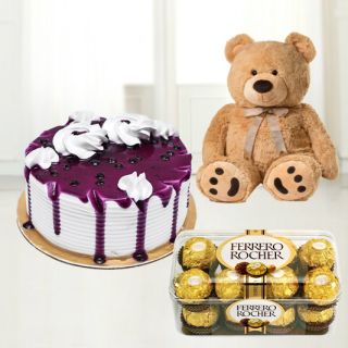  Blueberry cake with box of 16 pcs rocher ferrero chocolates with 1 feet height teddy bear 