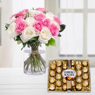 15 pink and white roses in glass vase with 24 pcs rocher ferrero chocolates 