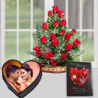 15 red roses basket arrangement , with 1 kg heart shape photo cake, with greeting card 