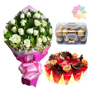 Bunch of 20 white roses with blueberry fresh creamc ake with 16 pcs rocher ferrero