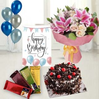 Bunch of Exotic Mix flowers,  black forest cake, pack of 4 temptations chocolates , birthday greeting card, with 5 blown balloons