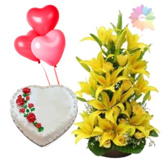 Exclusive exotic arrangement of yellow lilies with 2.5 feet height with heart shape fresh cream cake with 3 heart shape balloons
