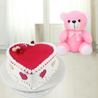 vanilla strawberry cocktail cake with 1 feet height pink colour teddy bear 