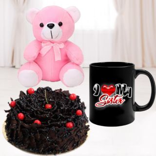 half kg chocolate fantasy cake, photo mug with 6 inch pink teddybear 