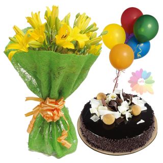 Bunch of 8 yellow asiatic lilies with black forest cake with 5 blown balloons
