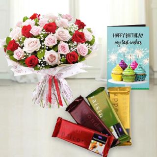 Bunch  of 20 red and pink roses,  set of 4 temptations, birthday greeting card 