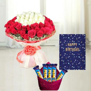 Bunch of  50 red and white roses, pack of 5 perk chocolates, birthday greeting card