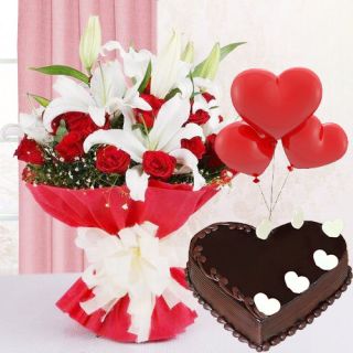 Bunch of lilies with red carnation with heart shape chocolate truffle cake with 3 heart shape balloons