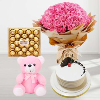 Bunch of 50 pink roses, 24 pcs rocher ferrero chocolates, 1 feet height teddybear with vanilla cool cake 
