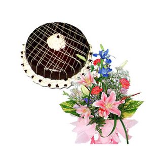 1 kg chocolate Fresh cream premium quality cake with bunch of exotic mix flowers