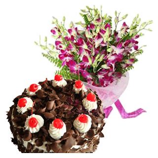 1 kg fresh cream black forest with bouquet of 10 orchids