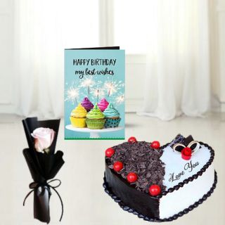1 kg heart shape black forest cool cake, Single white rose, Birthday card 