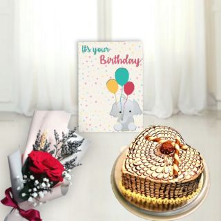 1 kg heart shape butterscotch cake, single red rose, birthday card 