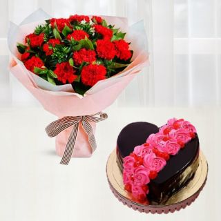 heart shape chocolate floral theme cake with bunch of 20 red carnations
