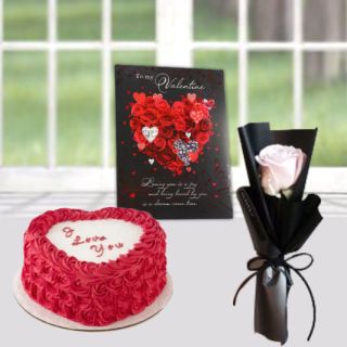 1 kg Red Velvet heart shape floral design cake with single white rose with valentine day card 