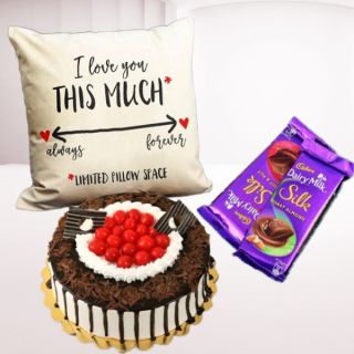 1 pound black forest cool cake, set of 2 dairy milk silk with photo cushion 