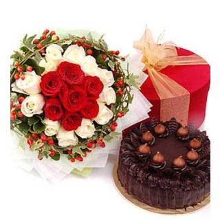 1 Pound Fresh Cream chocolate truffle with 24 Red Roses