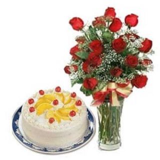 1 Pound Fresh Cream Pineapple Cake with 20 Red Roses
