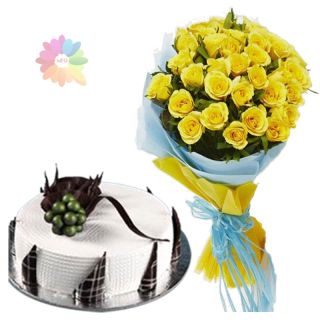 vanilla fresh cream cake with bunch of 10 yellow roses 