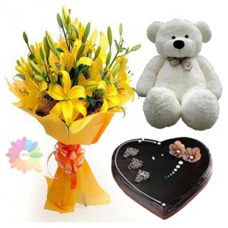 Bunch of yellow asiatic lilies with chocolate truffle cake with 2 feet height teddybear