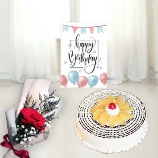1 kg pineapple fresh cream cool cake,single red rose, birthday card 