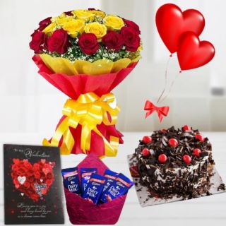  Bunch of 12 red and yellow roses, half kg black forest cool cake, pack of 5 dairy milk chocolates, 2 heart shape balloons with Greeting card 