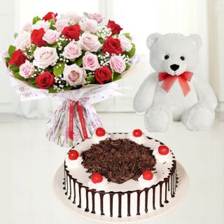 20 red and white roses with chocovanilla cake with 6 inch cute teddybear