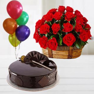 Basket arrangement of 40 red roses with double chocolate cake with 5 blown balloons