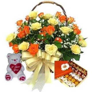 20 mix rose basket with 6 inch Teddy