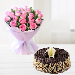 20 pink roses bunch with half kg chocolate walnut cake 