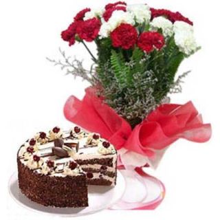 20 Red and white Carnations with 1 pound black forest