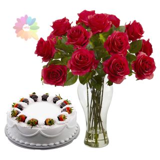15 red roses arranged in glass vase with Half kg pineapple cake 